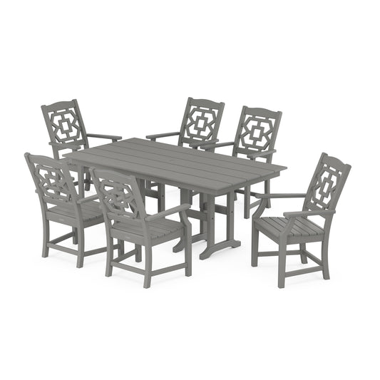 POLYWOOD Chinoiserie Arm Chair 7-Piece Farmhouse Dining Set — Slate Grey