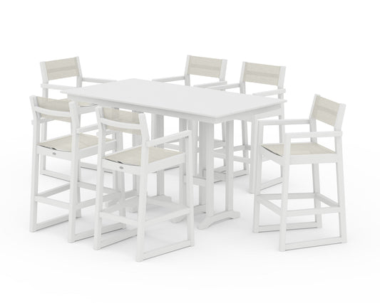 POLYWOOD EDGE Sling Arm Chair 7-Piece Farmhouse Bar Set — White / Parchment Sling