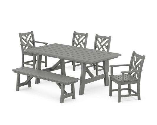 POLYWOOD Chippendale 6-Piece Rustic Farmhouse Dining Set With Bench — Slate Grey