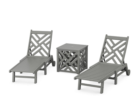 POLYWOOD Chippendale 3-Piece Chaise Set with Wheels and Umbrella Stand Accent Table — Slate Grey