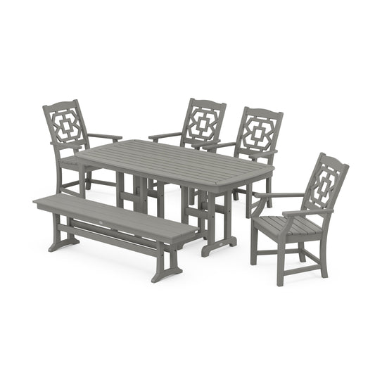 POLYWOOD Chinoiserie 6-Piece Dining Set with Bench — Slate Grey