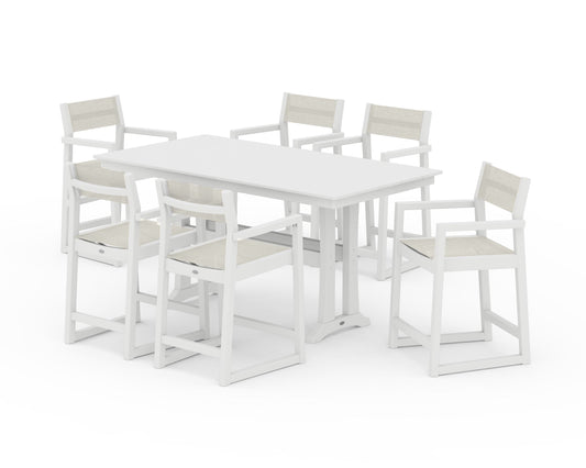 POLYWOOD EDGE Sling Arm Chair 7-Piece Farmhouse Counter Set with Trestle Legs — White / Parchment Sling