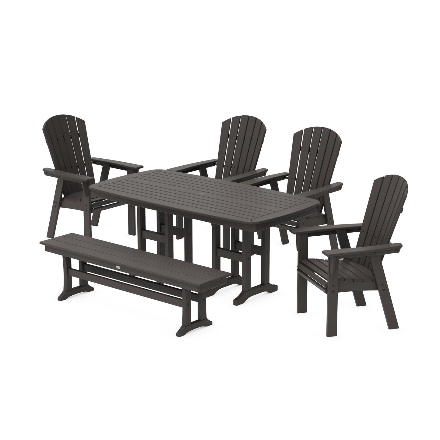 POLYWOOD Nautical Curveback Adirondack 6-Piece Dining Set with Bench — Vintage Coffee