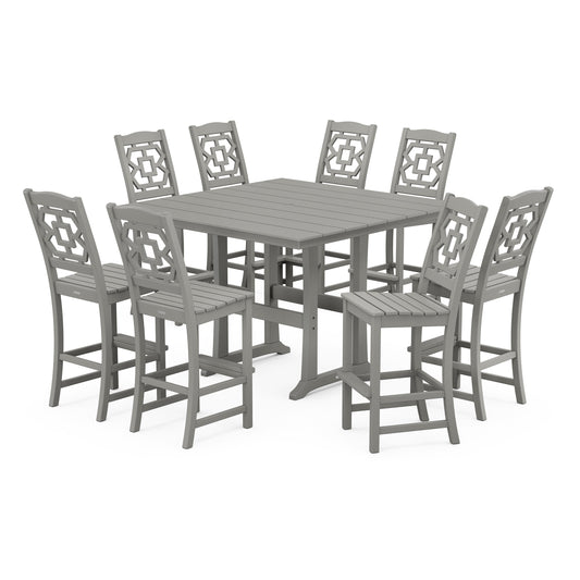 POLYWOOD Chinoiserie 9-Piece Square Farmhouse Side Chair Bar Set with Trestle Legs — Slate Grey