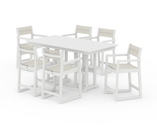 POLYWOOD EDGE Sling Arm Chair 7-Piece Farmhouse Counter Set — White / Parchment Sling