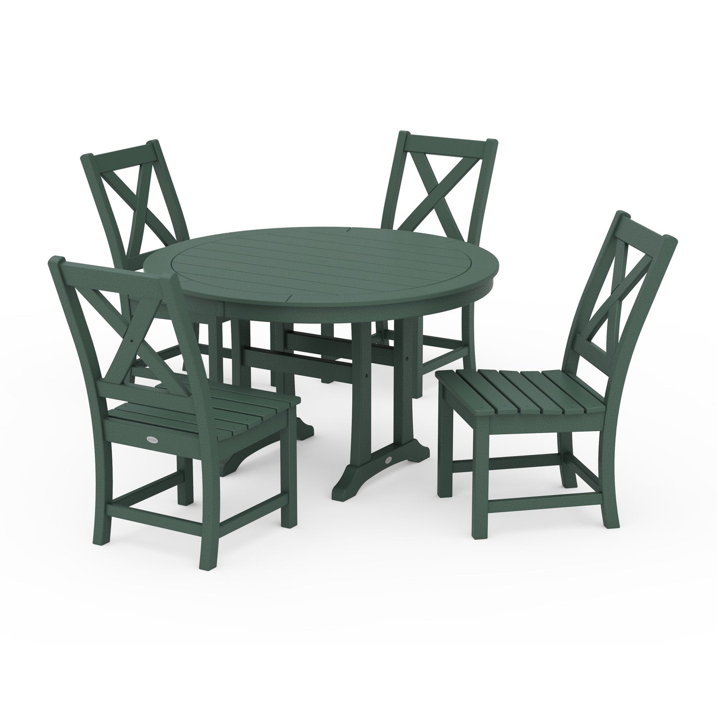 POLYWOOD Braxton Side Chair 5-Piece Round Dining Set With Trestle Legs — Green