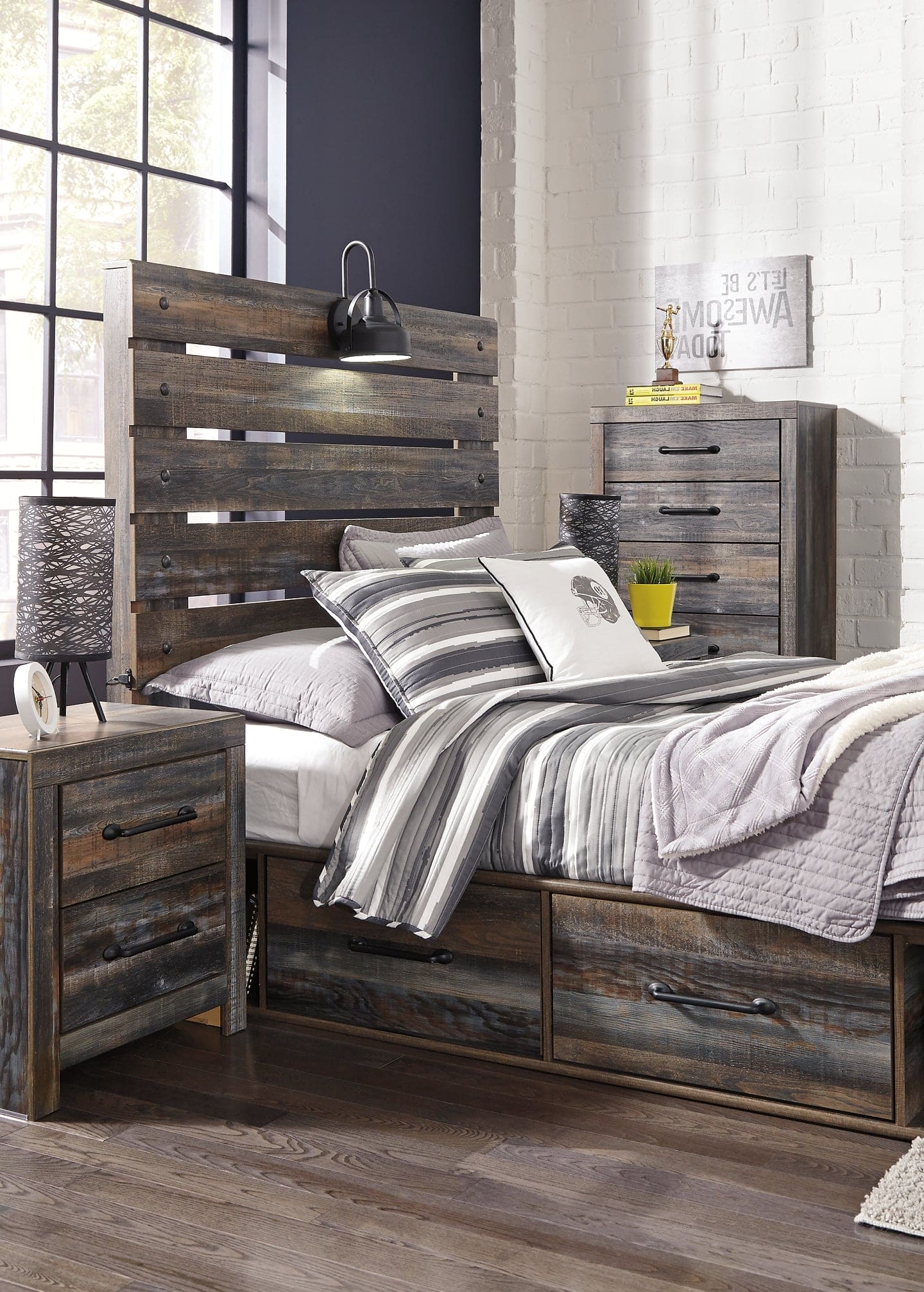 Drystan Full Panel Bed with 4 Storage Drawers with Mirrored Dresser