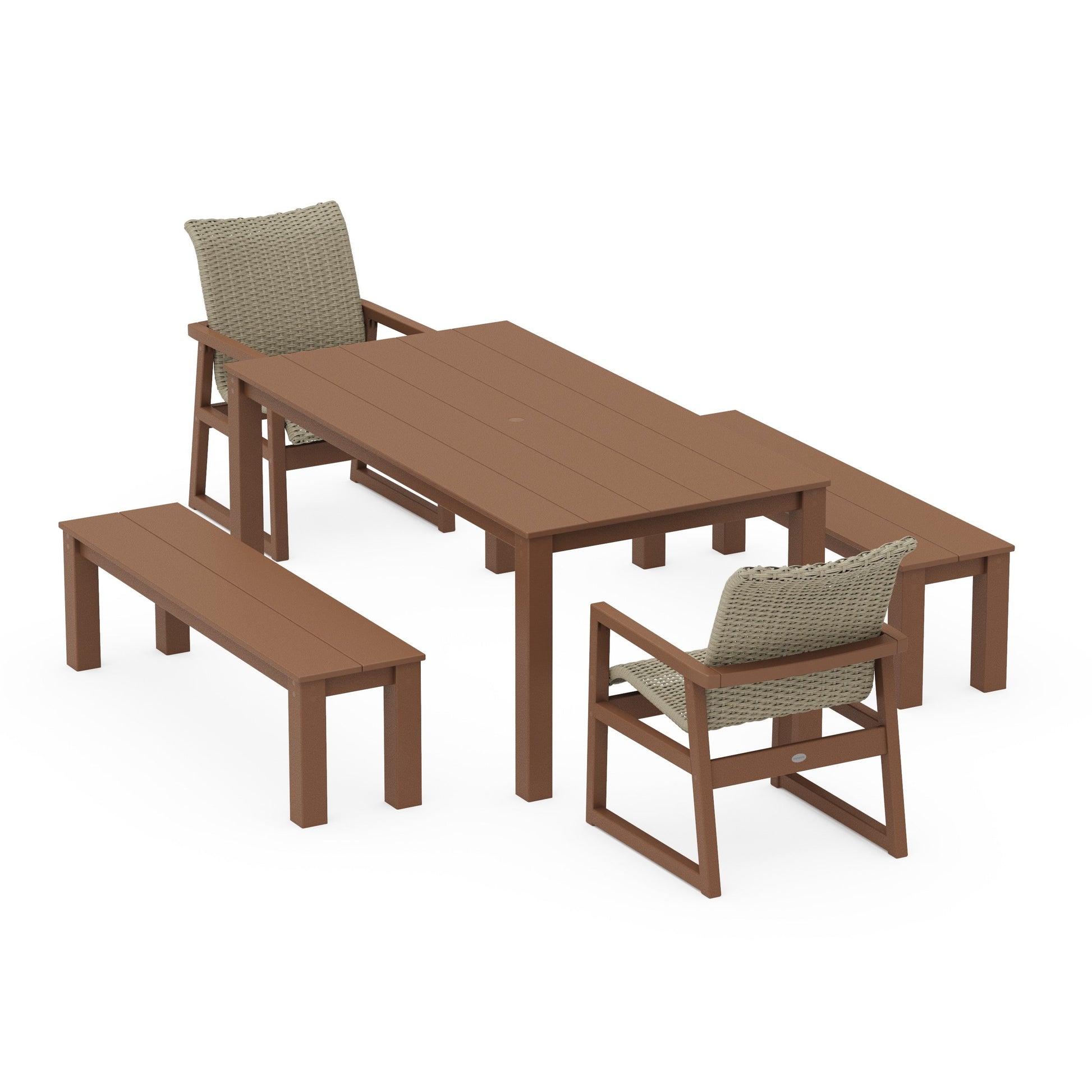 POLYWOOD EDGE Woven 5-Piece Parsons Dining Set with Benches — Teak / Dune Grass