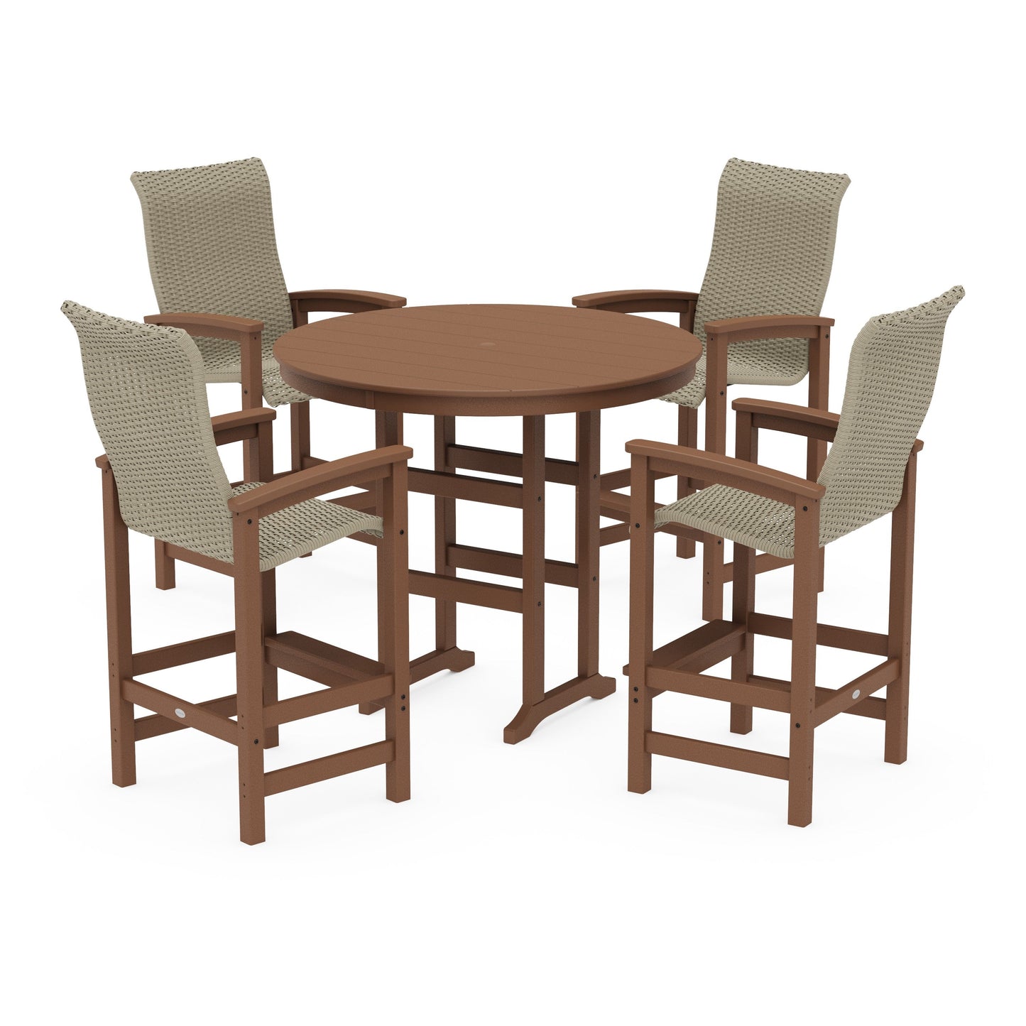 POLYWOOD Coastal Woven High-Back 5-Piece Round Farmhouse Bar Set — Teak / Dune Grass