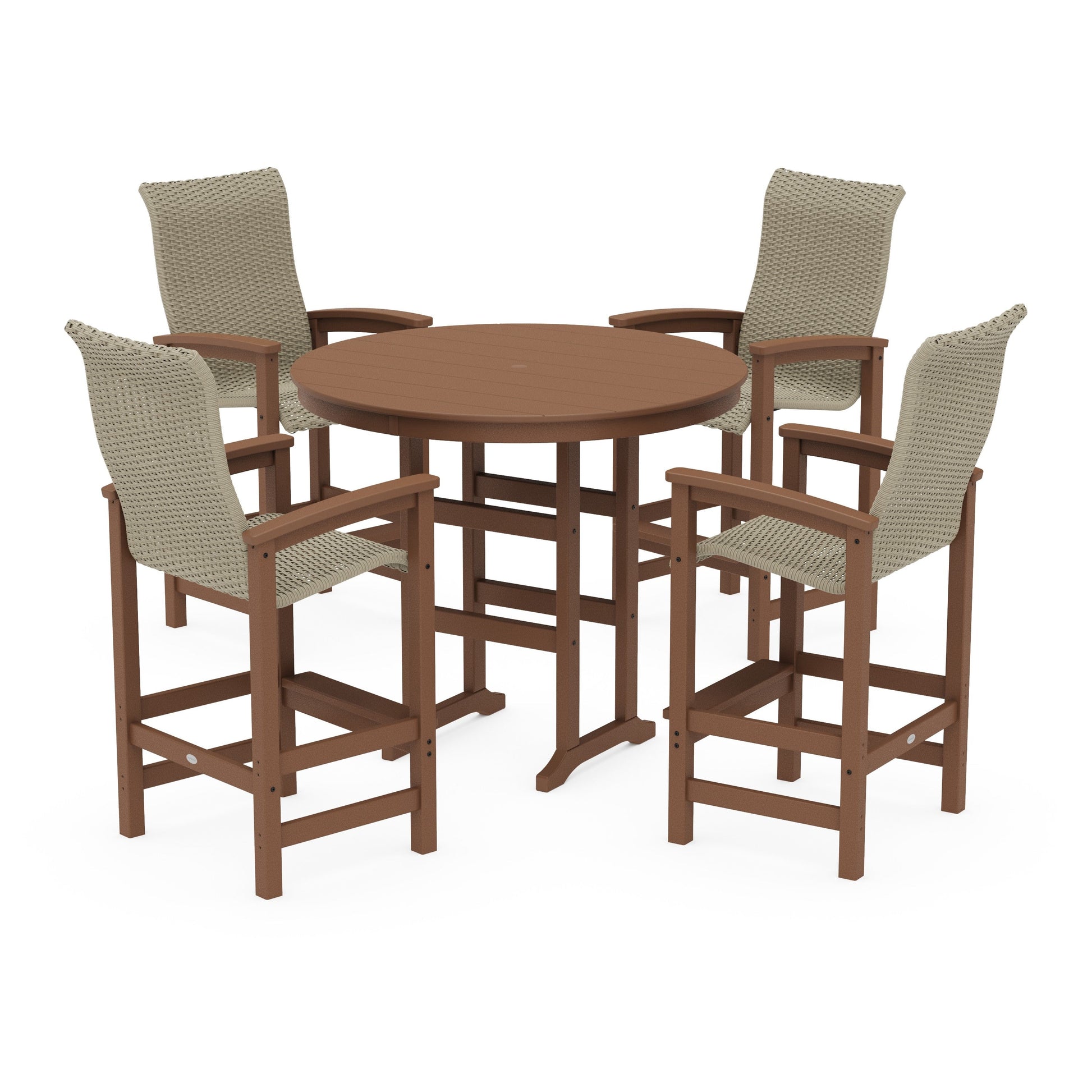 POLYWOOD Coastal Woven High-Back 5-Piece Round Farmhouse Bar Set — Teak / Dune Grass