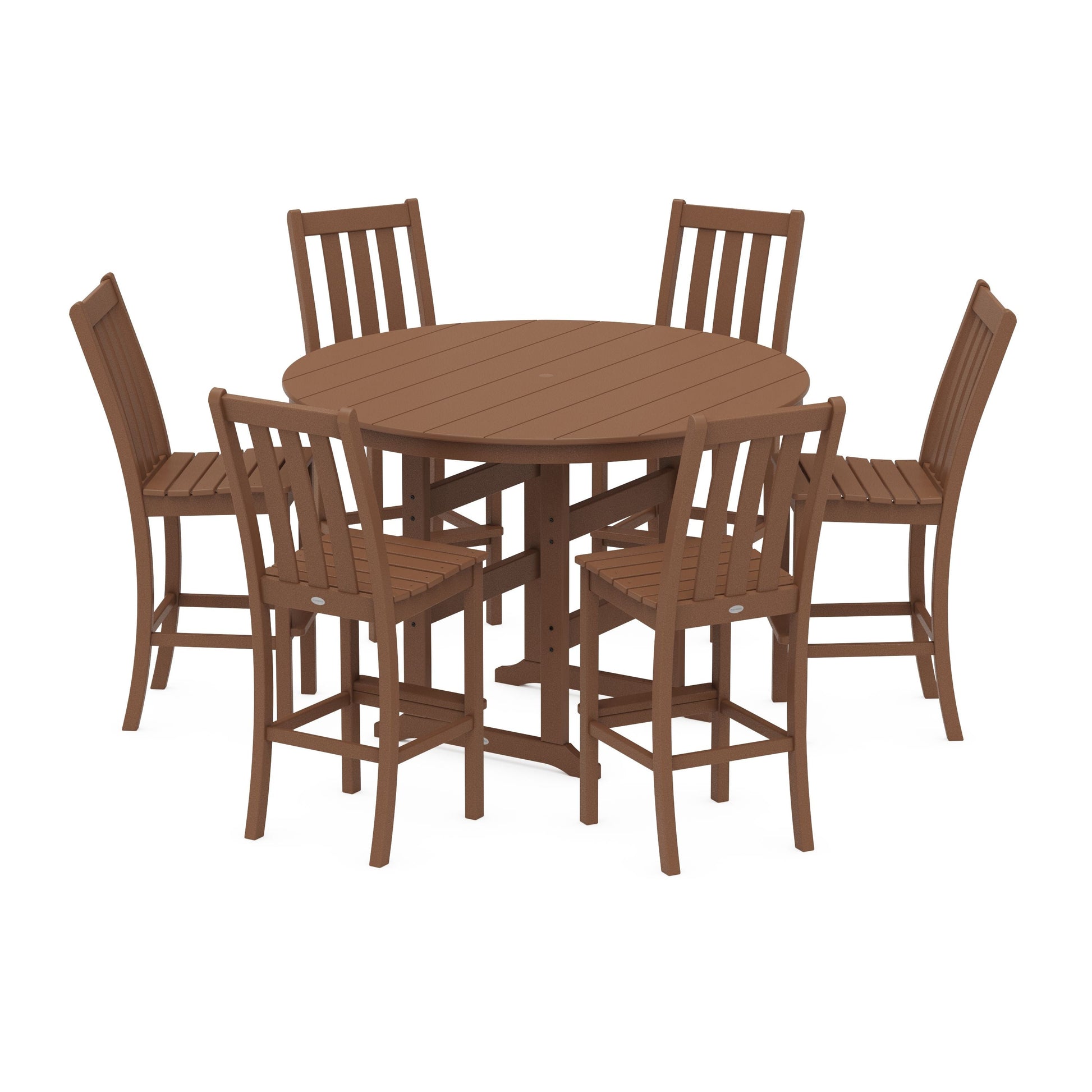 POLYWOOD Vineyard 7-Piece Side Chair Round Farmhouse Bar Set — Teak