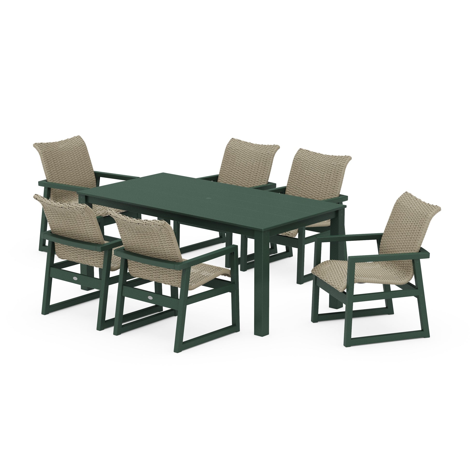 POLYWOOD EDGE Woven Arm Chair 7-Piece Parsons Dining Set — Green / Dune Grass
