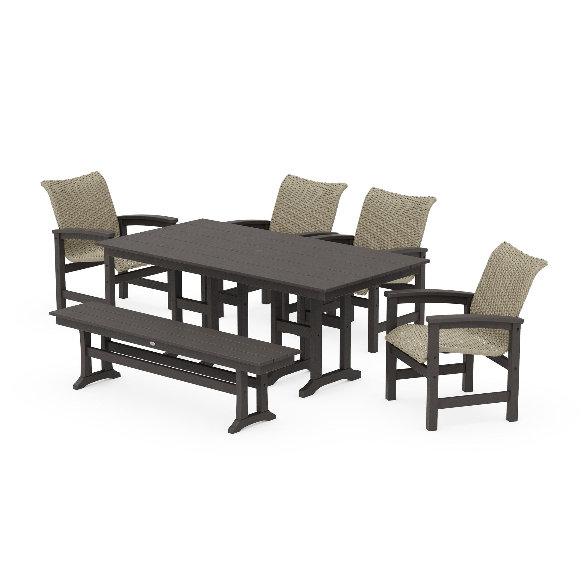 POLYWOOD Coastal Woven 6-Piece Farmhouse Dining Set with Bench — Vintage Coffee / Dune Grass