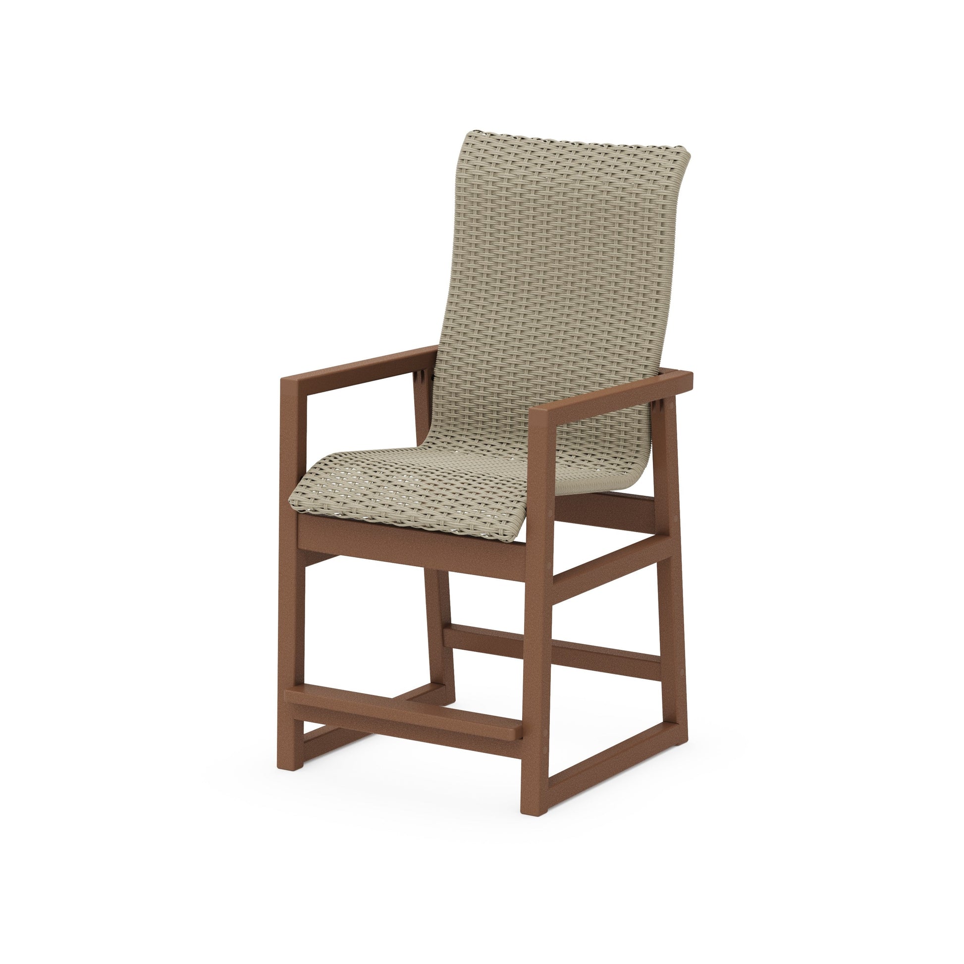 POLYWOOD EDGE Woven High-Back Counter Arm Chair — Teak / Dune Grass