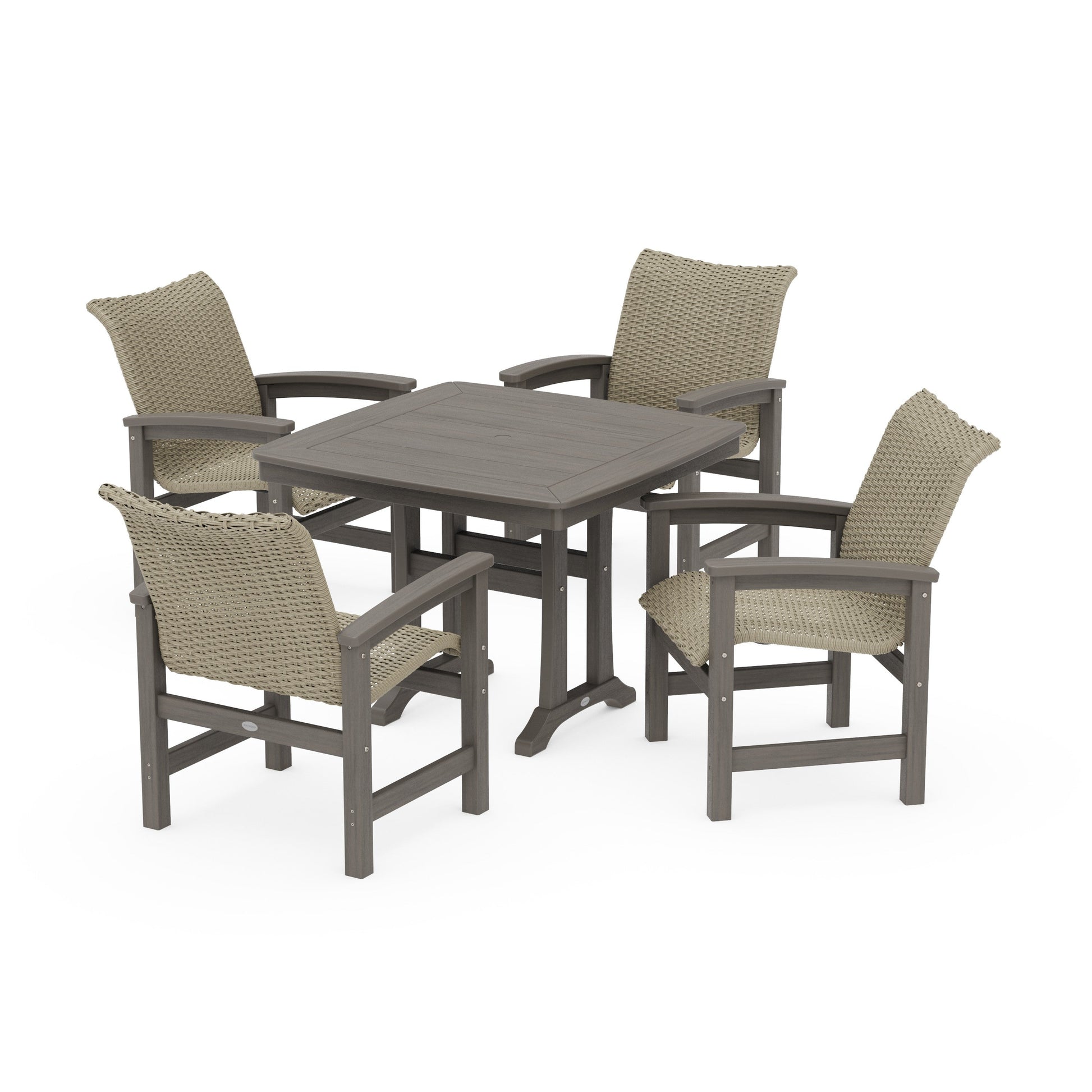 POLYWOOD Coastal Woven 5-Piece Dining Set with Trestle Legs — Driftwood / Dune Grass