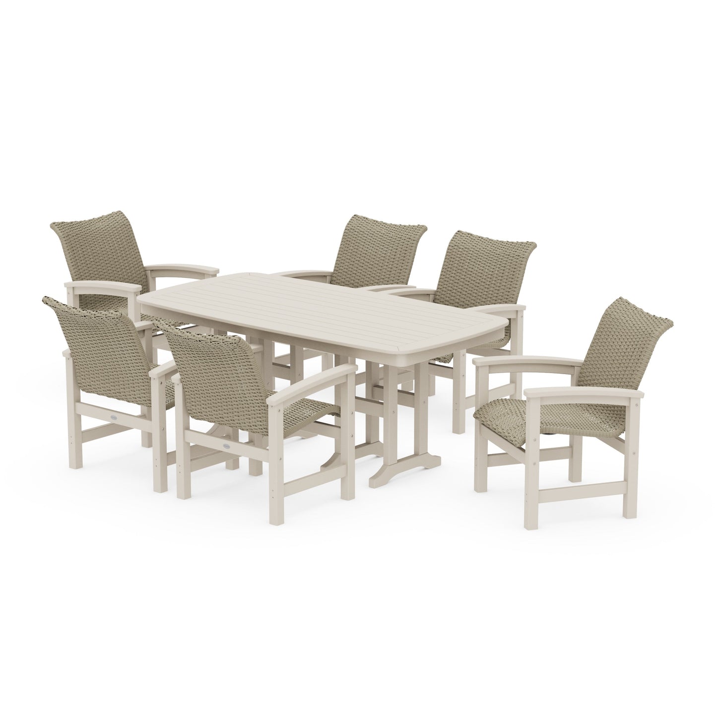 POLYWOOD Coastal Woven Arm Chair 7-Piece Dining Set — Sand / Dune Grass