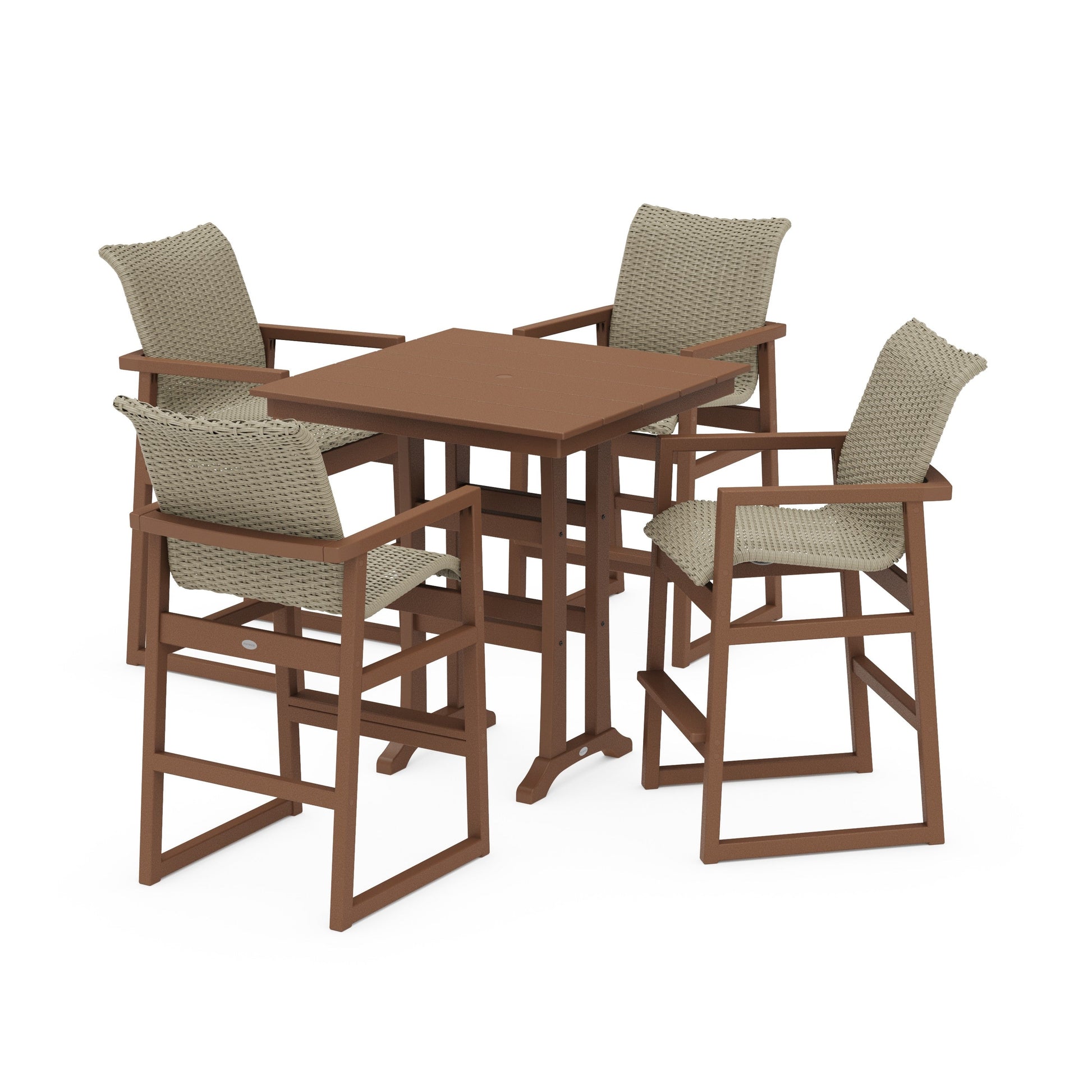 POLYWOOD EDGE Woven 5-Piece Farmhouse Bar Set with Trestle Legs — Teak / Dune Grass