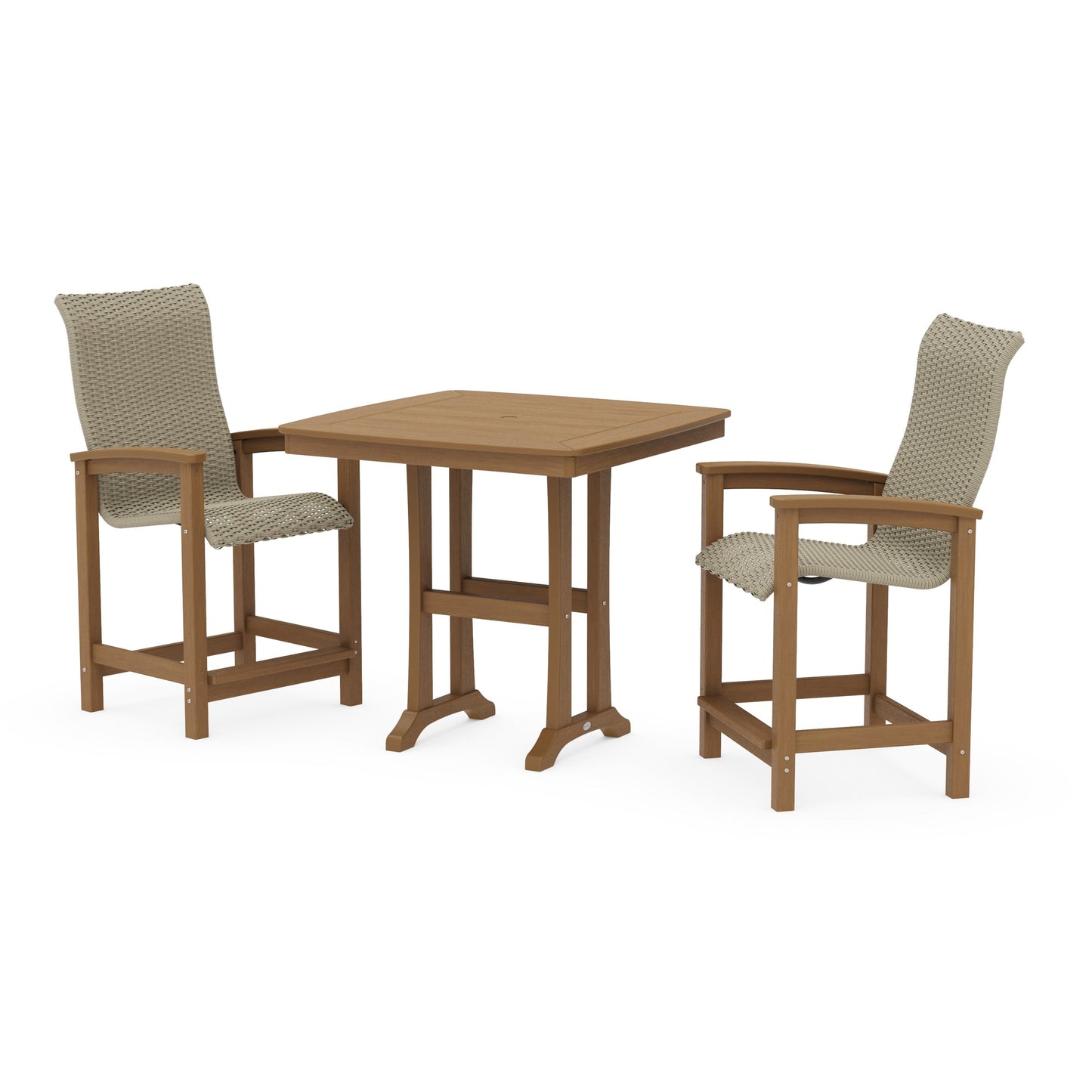 POLYWOOD Coastal Woven High-Back 3-Piece Counter Set with Trestle Legs — Natural / Dune Grass