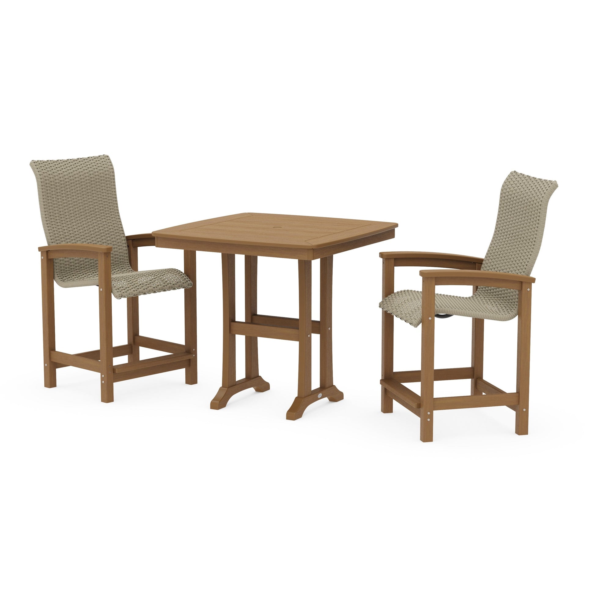POLYWOOD Coastal Woven High-Back 3-Piece Counter Set with Trestle Legs — Natural / Dune Grass