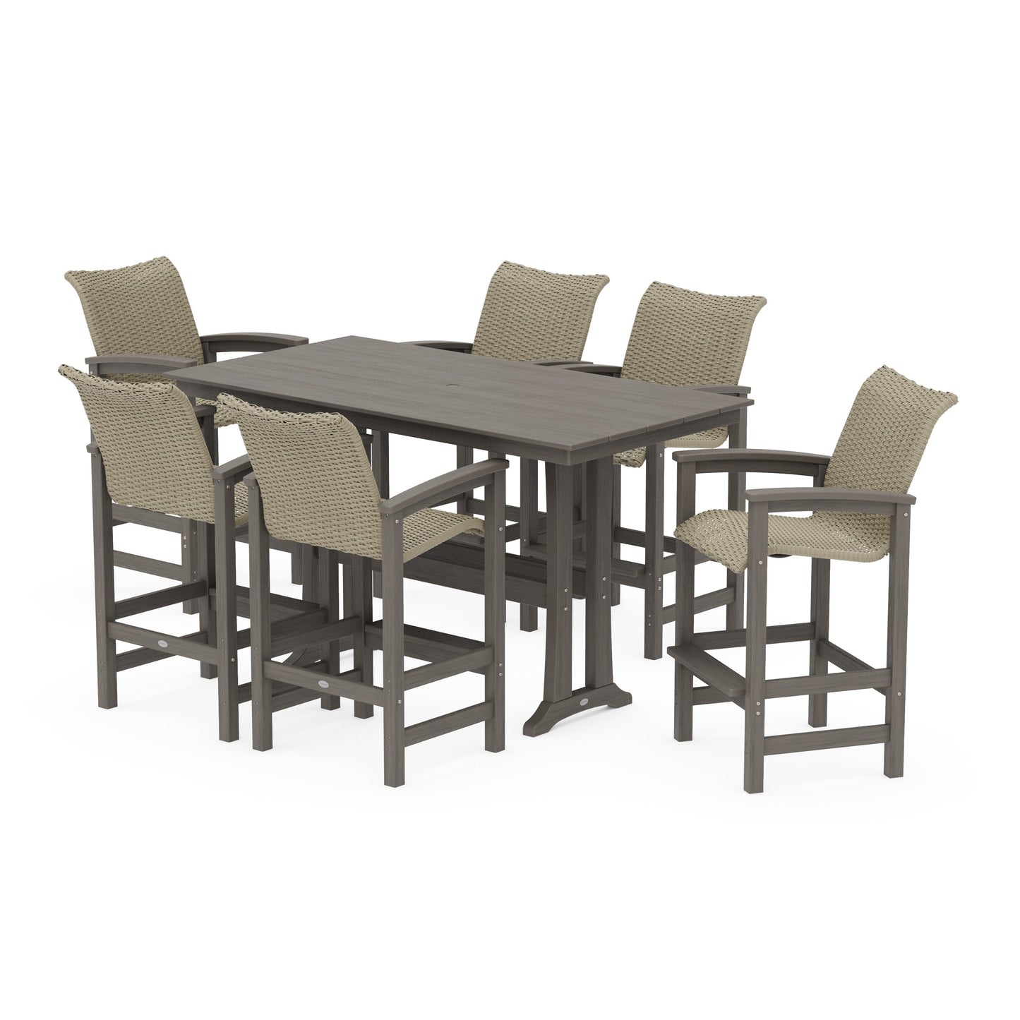POLYWOOD Coastal Woven Arm Chair 7-Piece Farmhouse Bar Set with Trestle Legs — Driftwood / Dune Grass