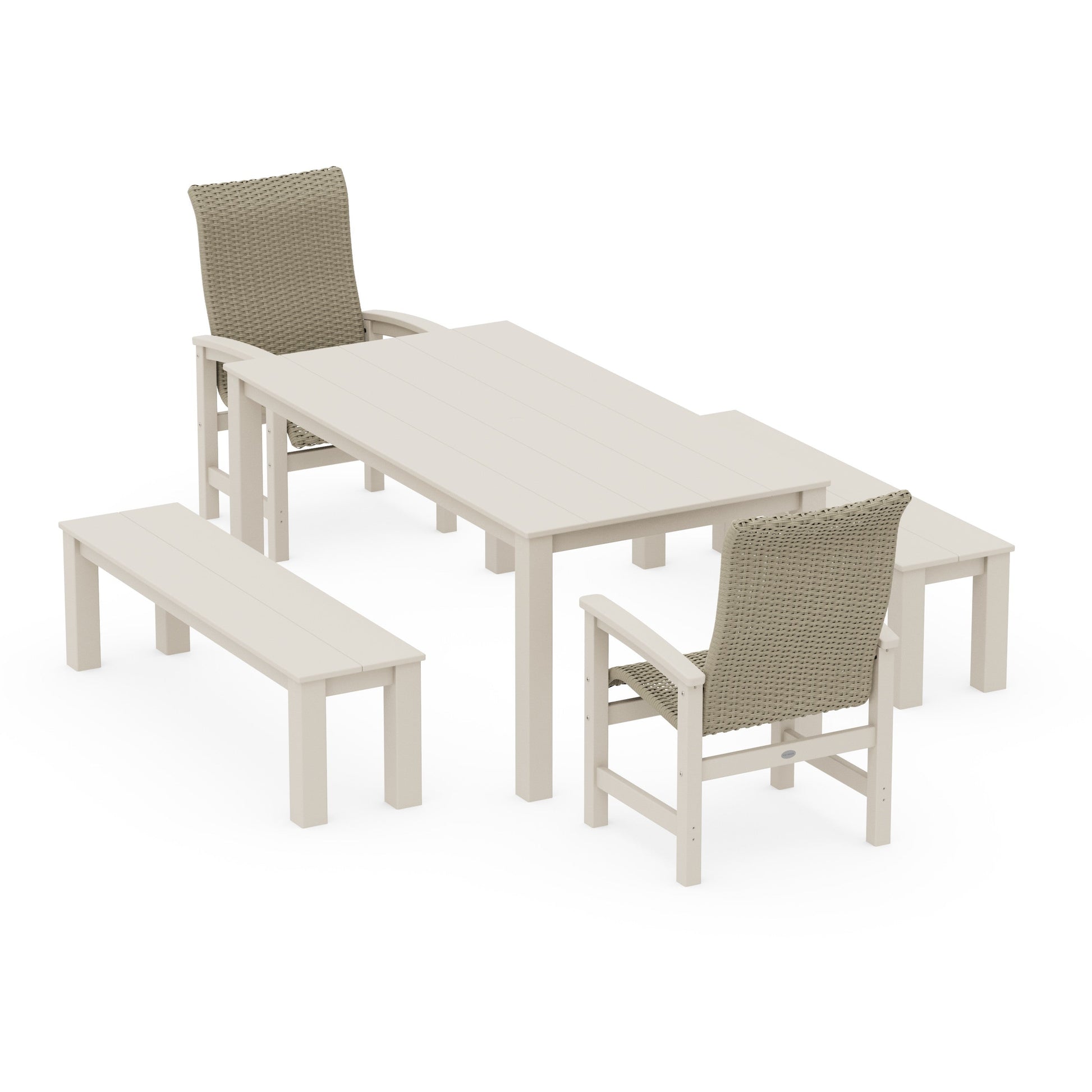 POLYWOOD Coastal Woven High-Back 5-Piece Parsons Dining Set with Benches — Sand / Dune Grass