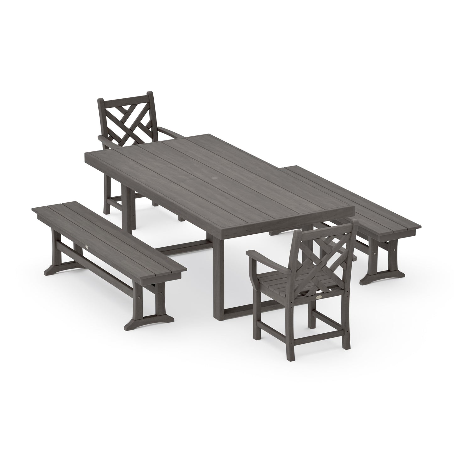 POLYWOOD Chippendale 5-Piece Dining Set with Benches — Driftwood