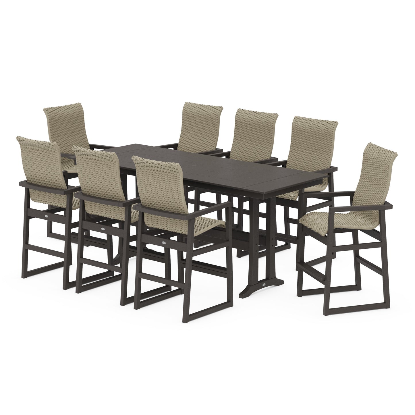 POLYWOOD EDGE Woven Highback 9-Piece Farmhouse Bar Set with Trestle Legs — Vintage Coffee / Dune Grass