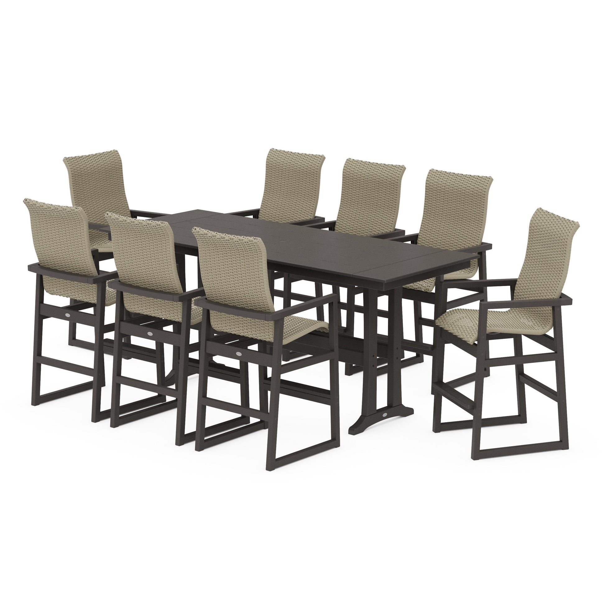 POLYWOOD EDGE Woven Highback 9-Piece Farmhouse Bar Set with Trestle Legs — Vintage Coffee / Dune Grass