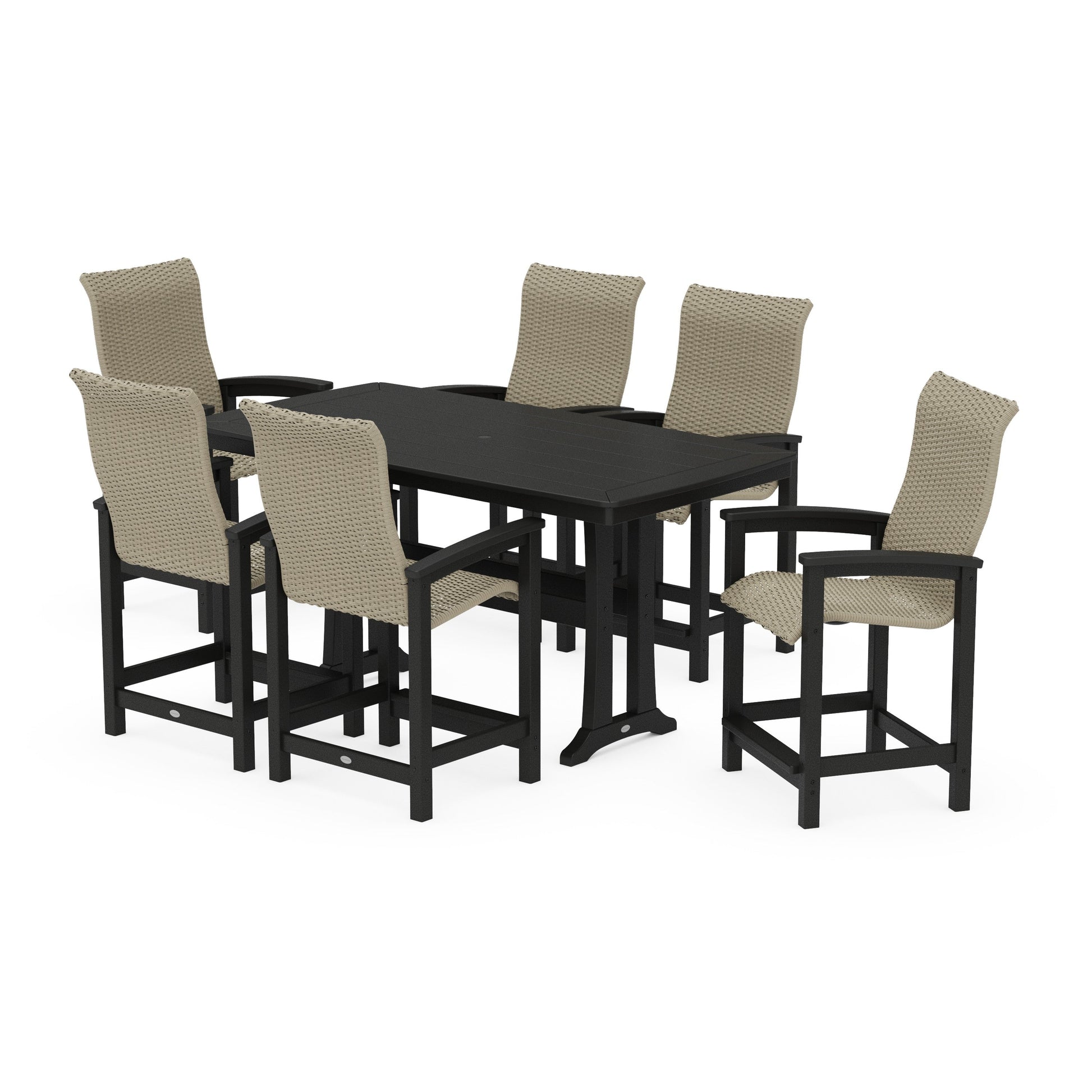 POLYWOOD Coastal Woven High-Back Arm Chair 7-Piece Counter Set with Trestle Legs — Black / Dune Grass