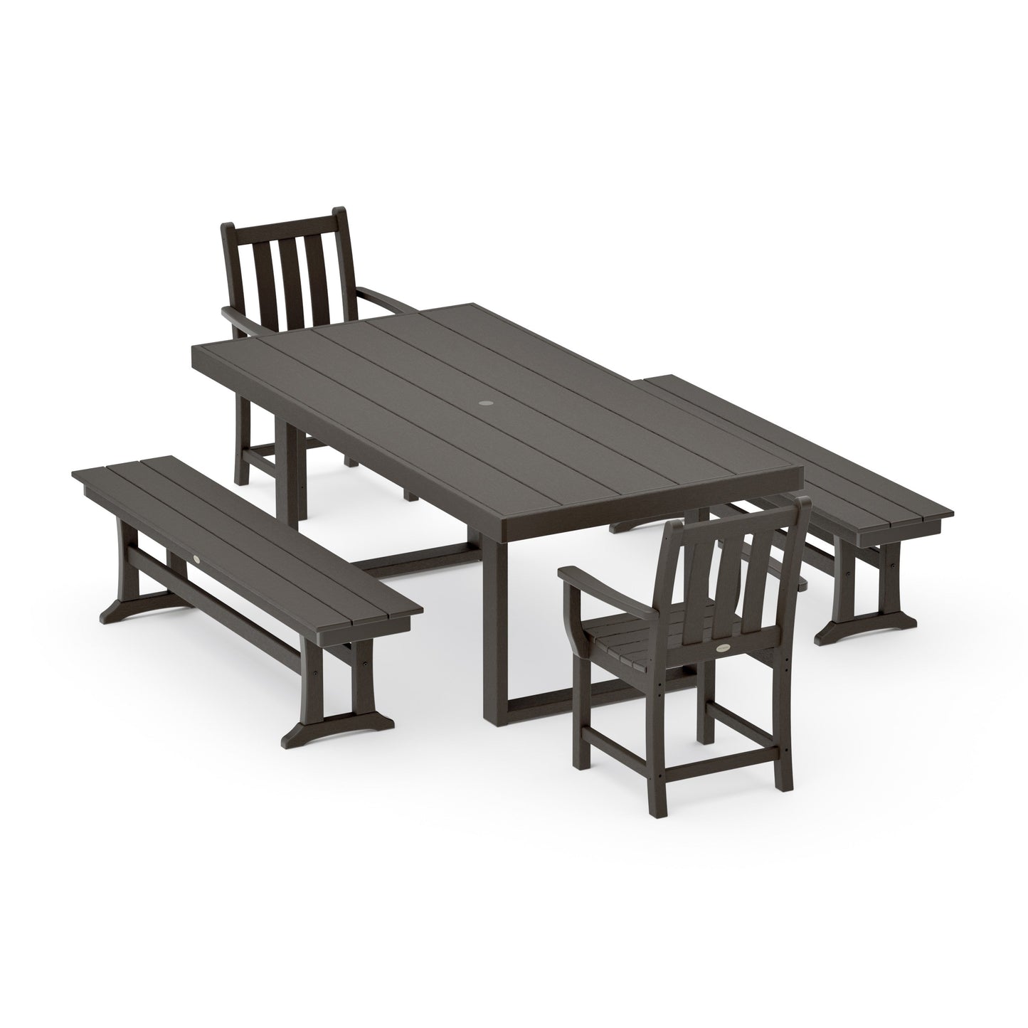 POLYWOOD Traditional Garden 5-Piece Dining Set with Benches — Vintage Coffee