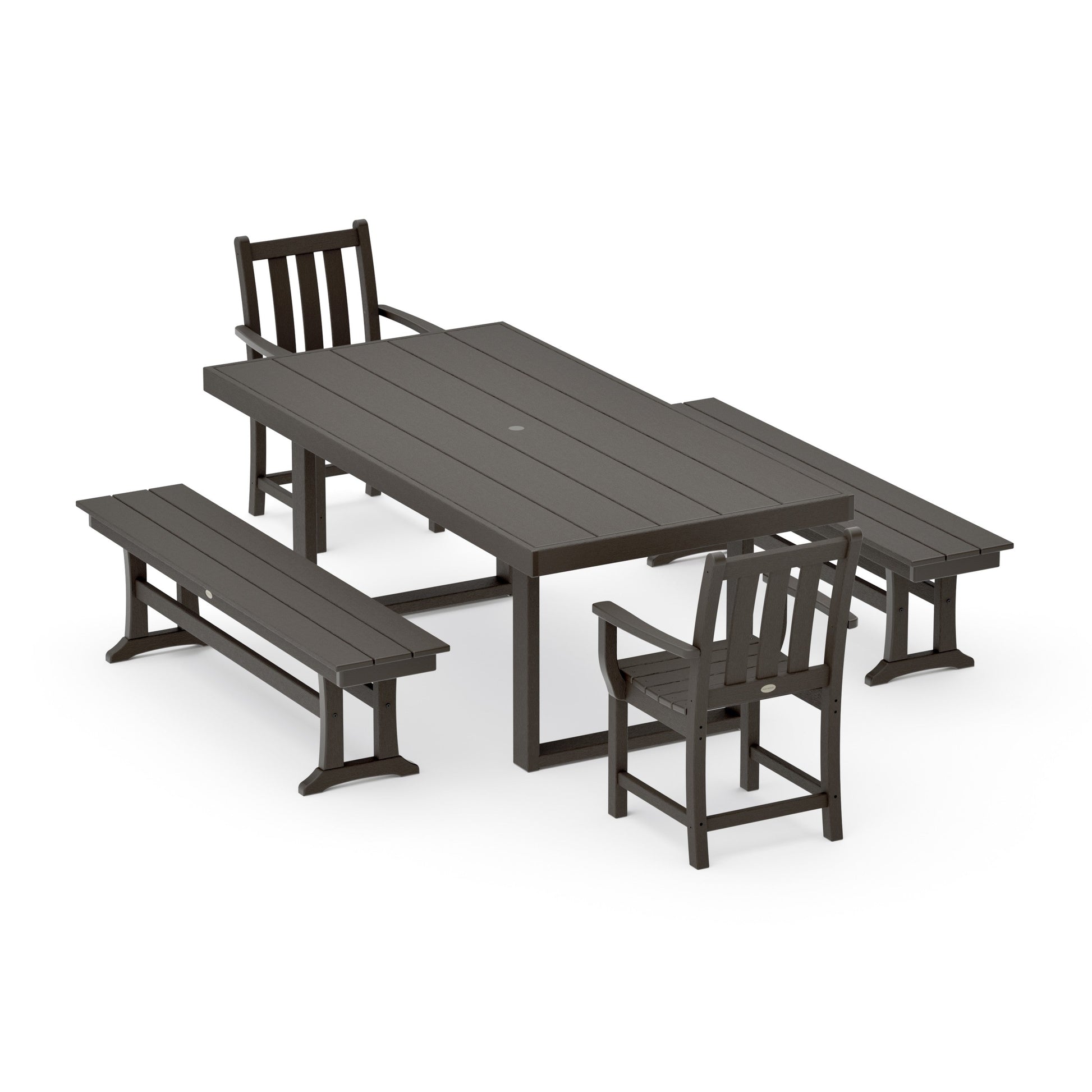 POLYWOOD Traditional Garden 5-Piece Dining Set with Benches — Vintage Coffee