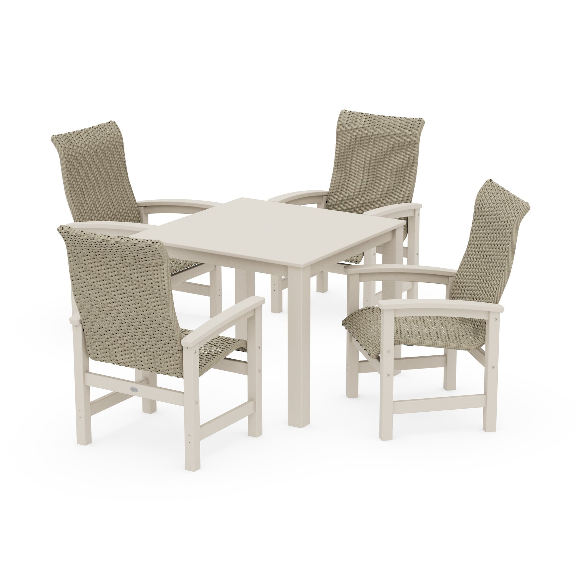 POLYWOOD Coastal Woven High-Back 5-Piece Parsons Dining Set — Sand / Dune Grass