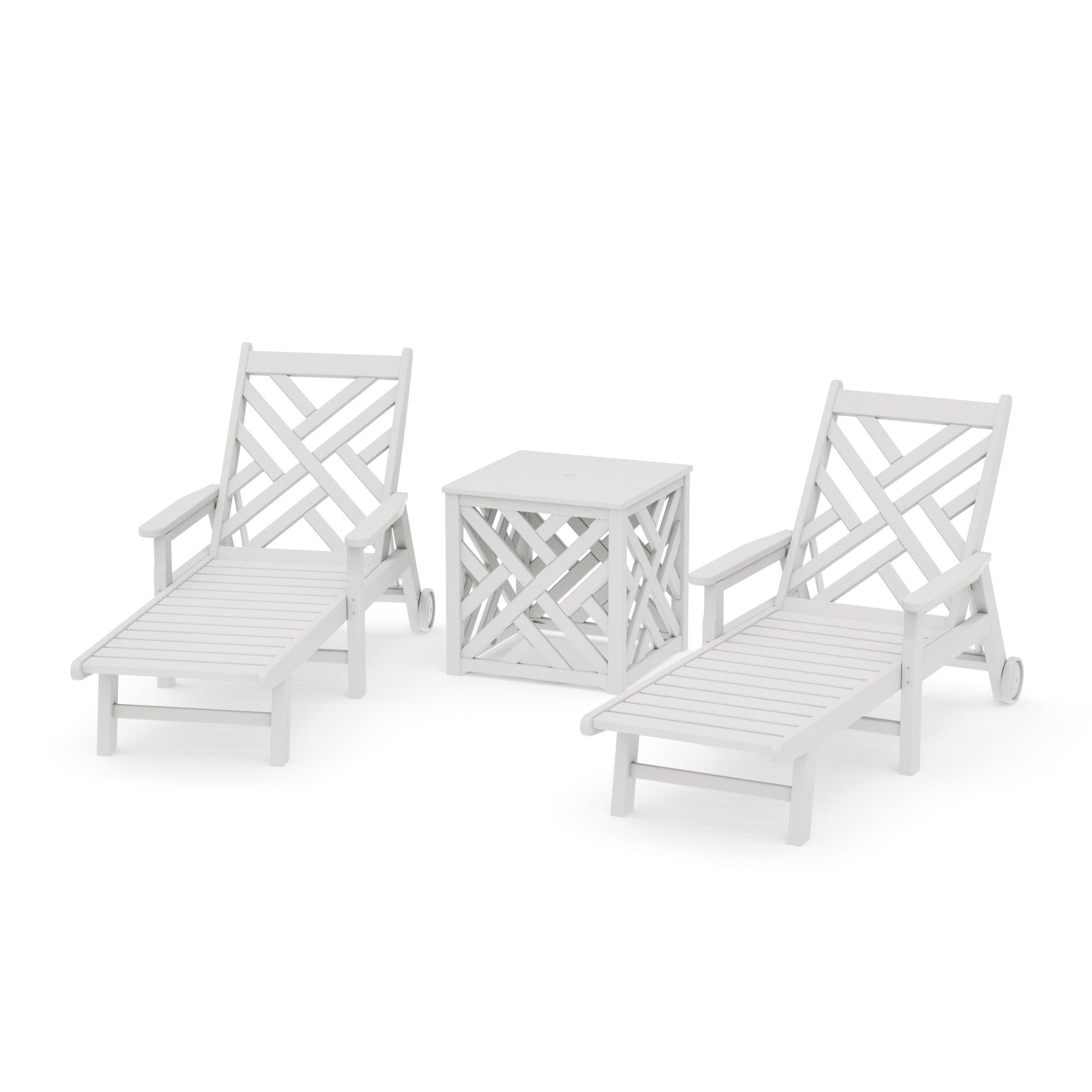 POLYWOOD Chippendale 3-Piece Chaise Set with Umbrella Stand Accent Table — Vintage White