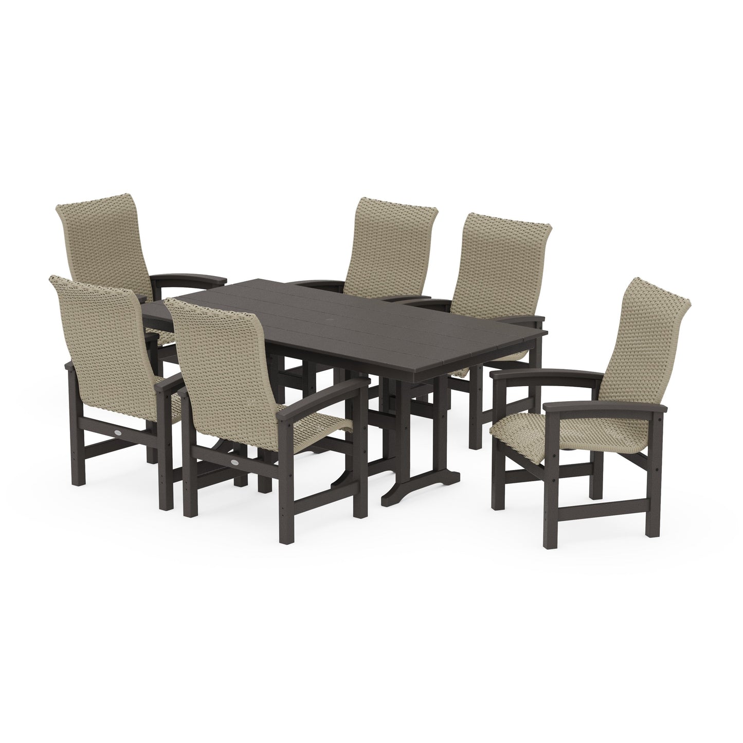 POLYWOOD Coastal Woven High-Back Arm Chair 7-Piece Farmhouse Dining Set — Vintage Coffee / Dune Grass