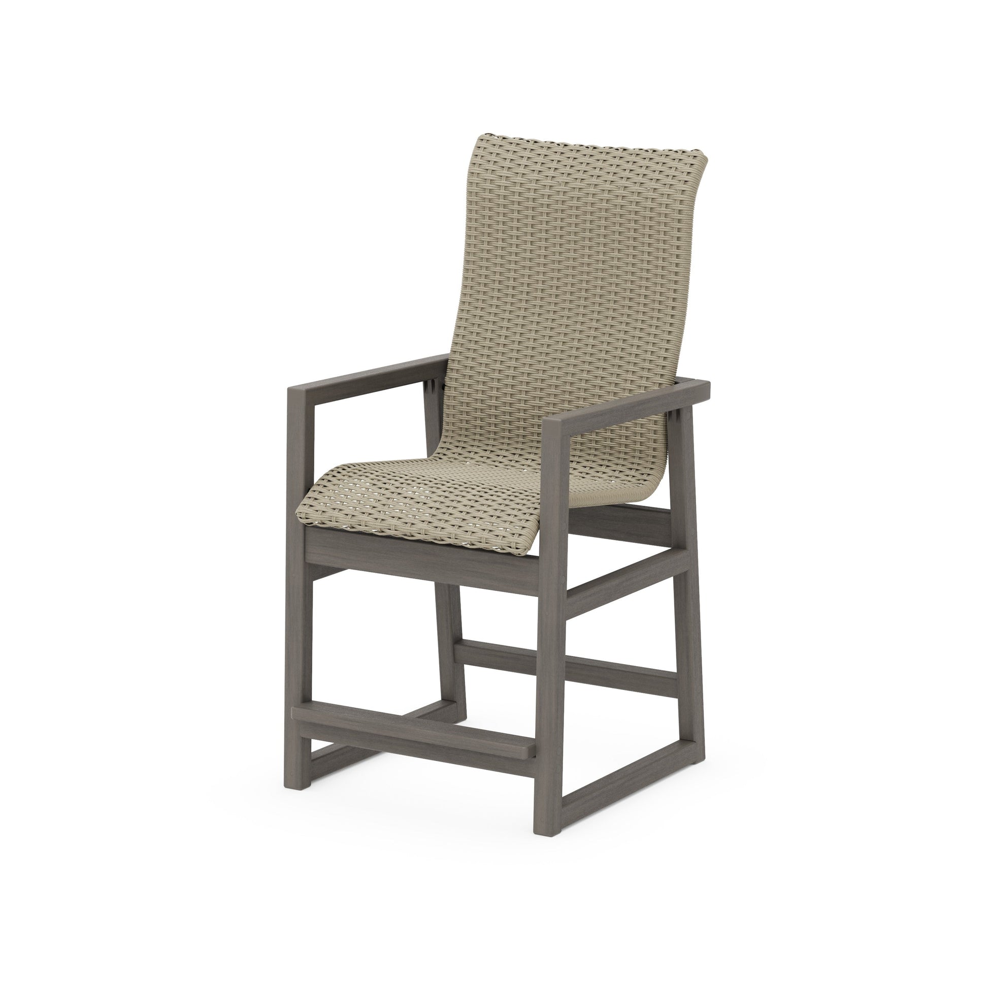 POLYWOOD EDGE Woven High-Back Counter Arm Chair — Driftwood / Dune Grass