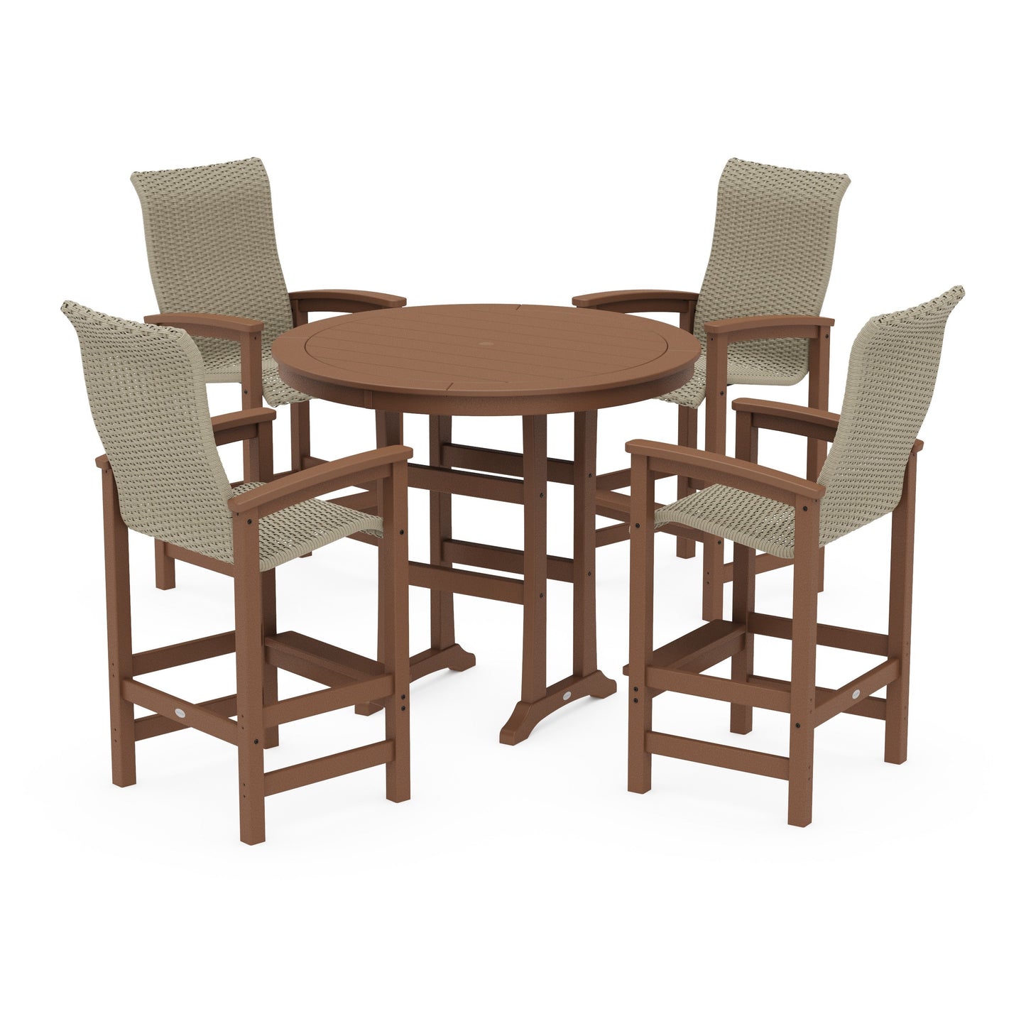POLYWOOD Coastal Woven High-Back 5-Piece Round Bar Set — Teak / Dune Grass