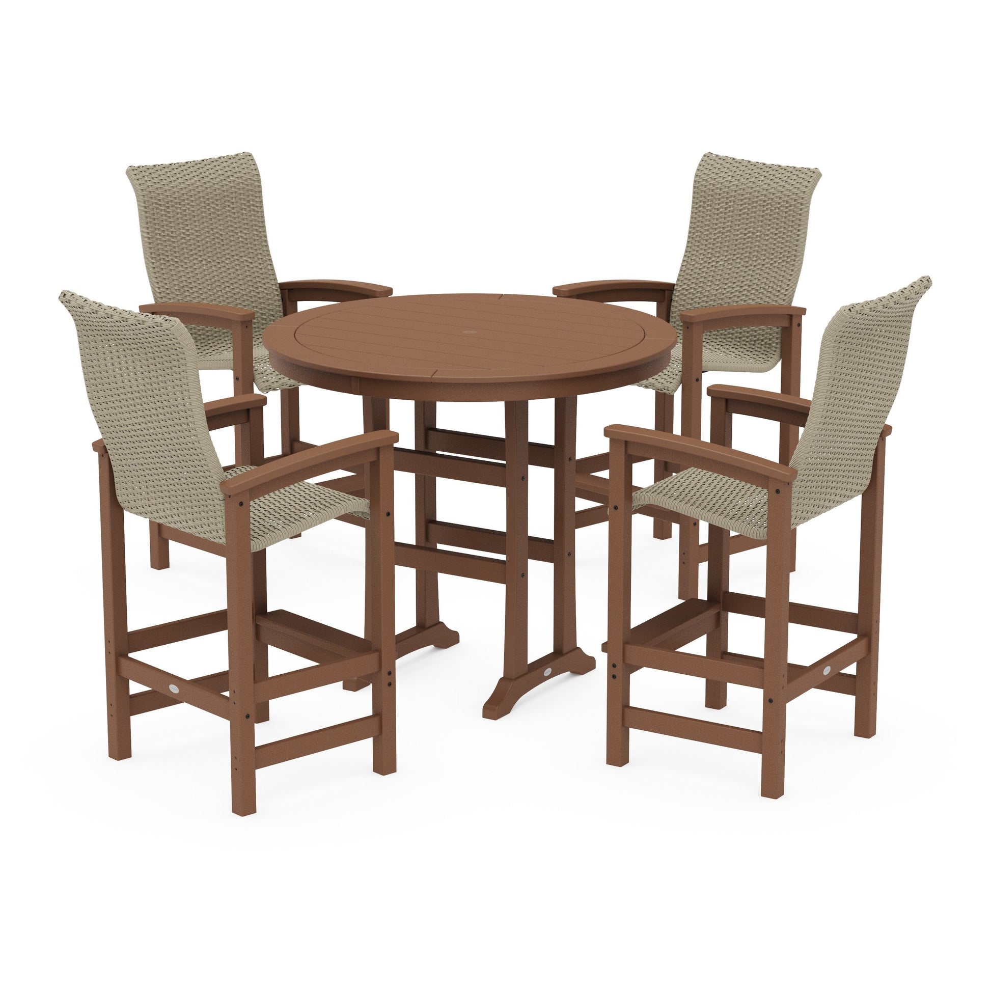 POLYWOOD Coastal Woven High-Back 5-Piece Round Bar Set — Teak / Dune Grass