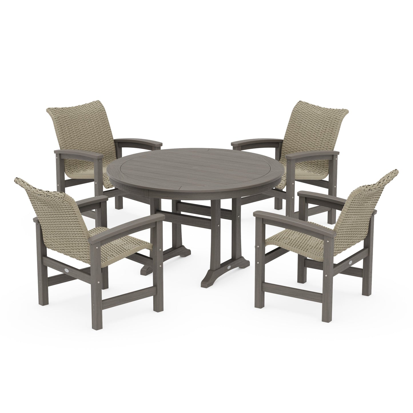 POLYWOOD Coastal Woven 5-Piece Round Dining Set with Trestle Legs — Driftwood / Dune Grass