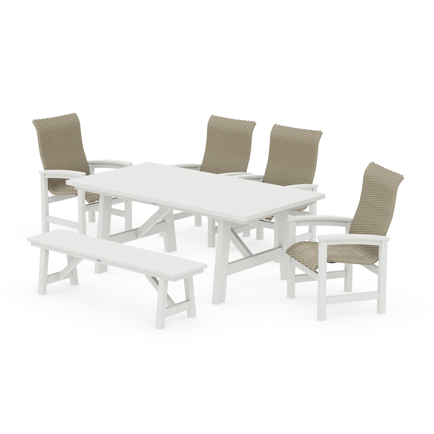 POLYWOOD Coastal Woven High-Back 6-Piece Rustic Farmhouse Dining Set with Bench — Vintage White / Dune Grass
