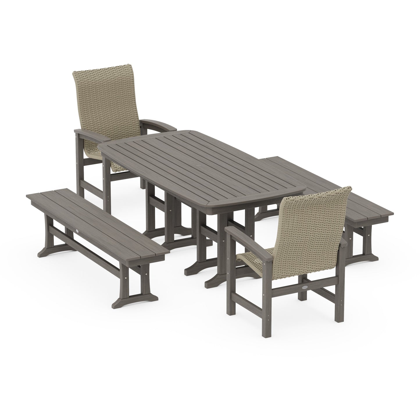 POLYWOOD Coastal Woven High-Back 5-Piece Dining Set with Benches — Driftwood / Dune Grass