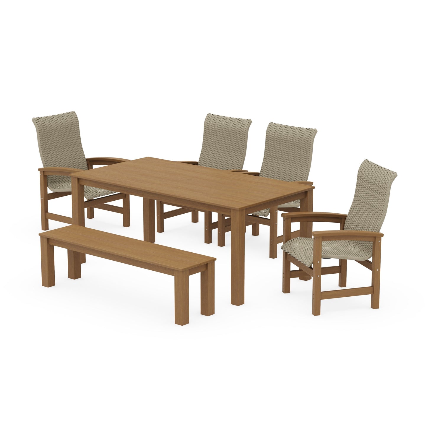 POLYWOOD Coastal Woven High-Back 6-Piece Parsons Dining Set with Bench — Natural / Dune Grass