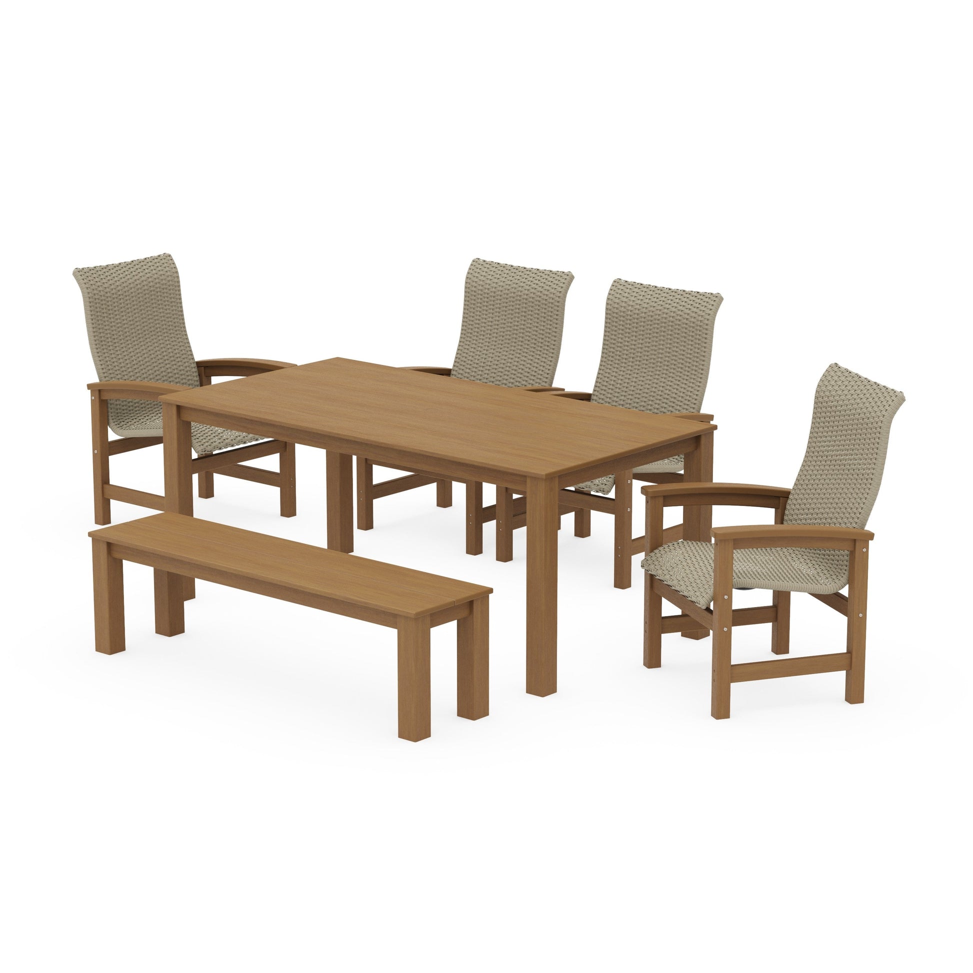 POLYWOOD Coastal Woven High-Back 6-Piece Parsons Dining Set with Bench — Natural / Dune Grass