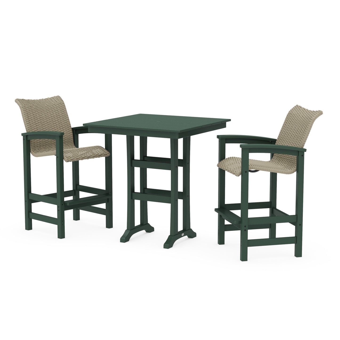 POLYWOOD Coastal Woven 3-Piece Farmhouse Bar Set with Trestle Legs — Green / Dune Grass