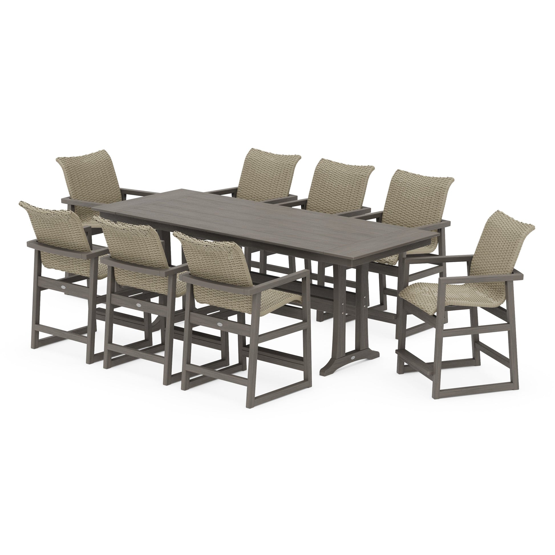 POLYWOOD EDGE Woven 9-Piece Farmhouse Counter Set with Trestle Legs — Driftwood / Dune Grass