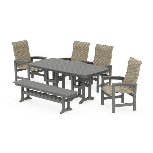 POLYWOOD Coastal Woven High-Back 6-Piece Farmhouse Dining Set with Bench — Slate Grey / Dune Grass