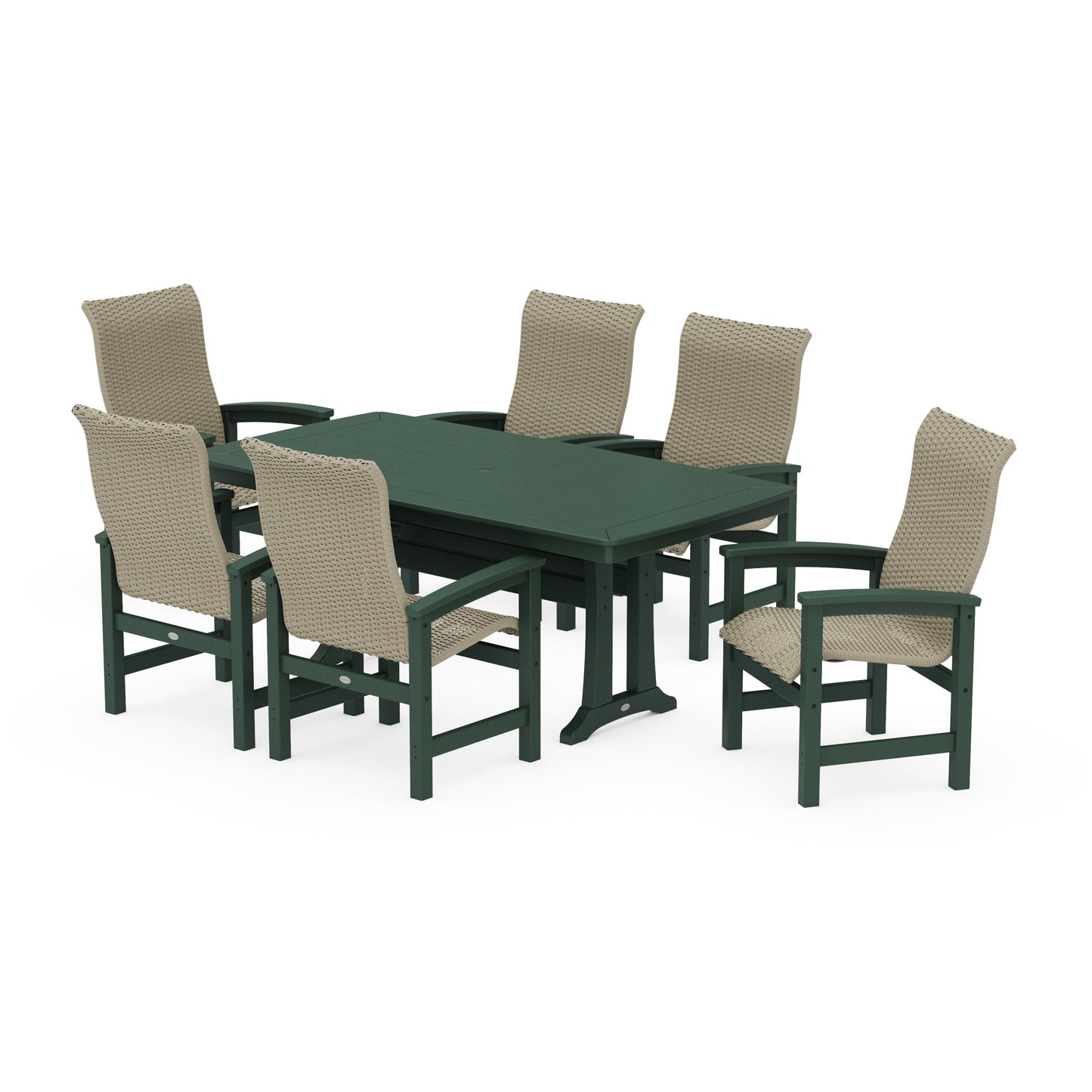 POLYWOOD Coastal Woven High-Back Arm Chair 7-Piece Dining Set with Trestle Legs — Green / Dune Grass