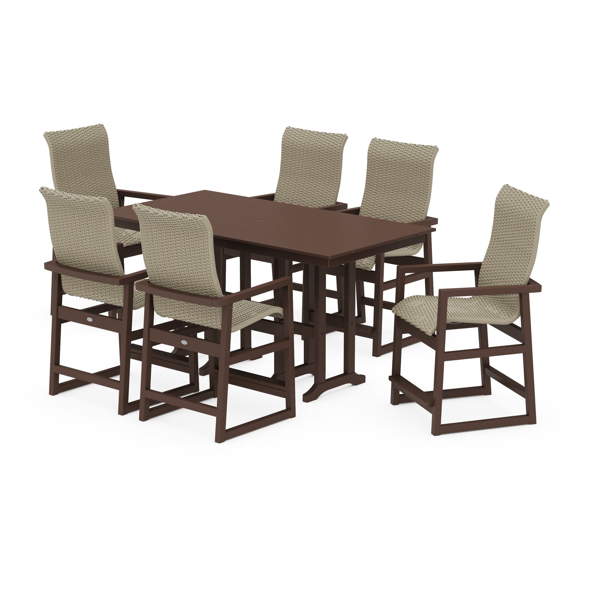 POLYWOOD EDGE Woven Highback Arm Chair 7-Piece Farmhouse Counter Set — Mahogany / Dune Grass