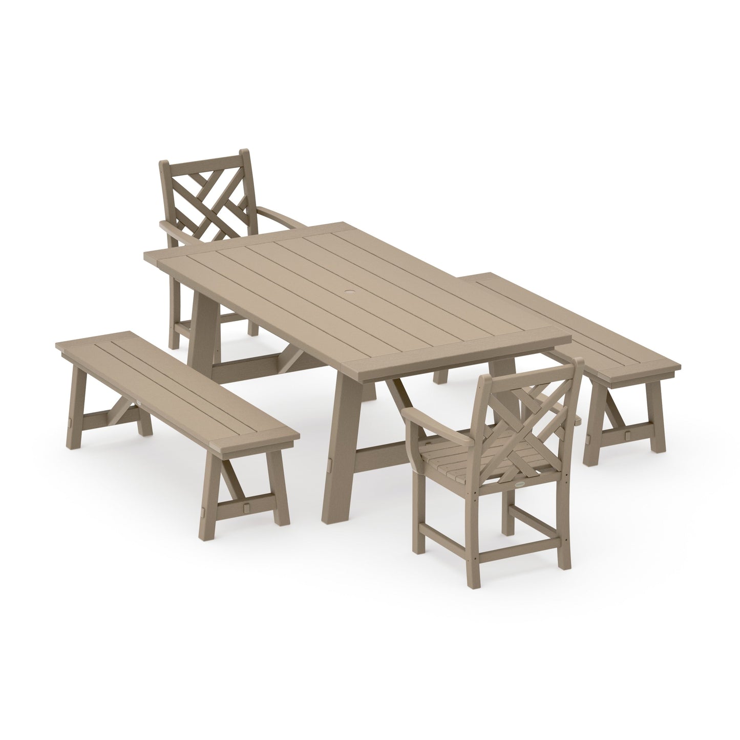 POLYWOOD Chippendale 5-Piece Rustic Farmhouse Dining Set With Benches — Vintage Sahara