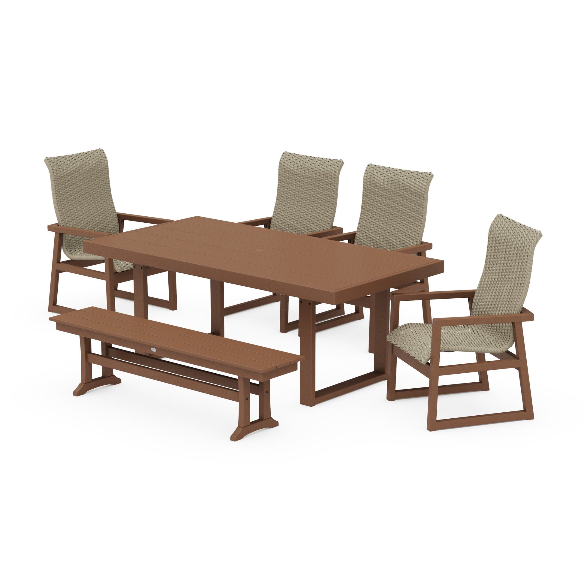 POLYWOOD EDGE Woven Highback 6-Piece Dining Set with Bench — Teak / Dune Grass