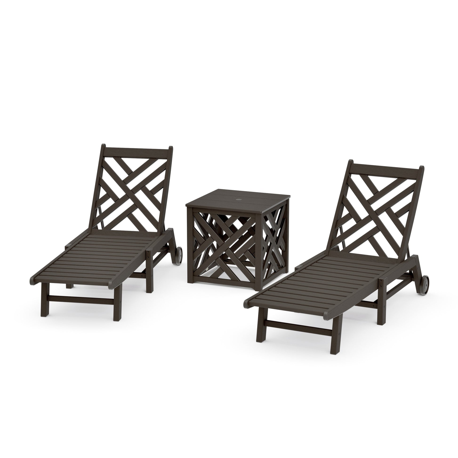 POLYWOOD Chippendale 3-Piece Chaise Set with Wheels and Umbrella Stand Accent Table — Vintage Coffee
